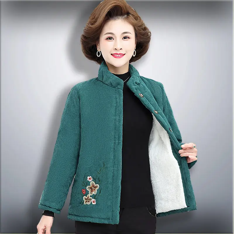 

Mother's Autumn Winter Clothes Fashion Embroidered Corduroy Cotton Jacket Women Thickened Warm Fleece Coat Mujer Chaqueta T1730