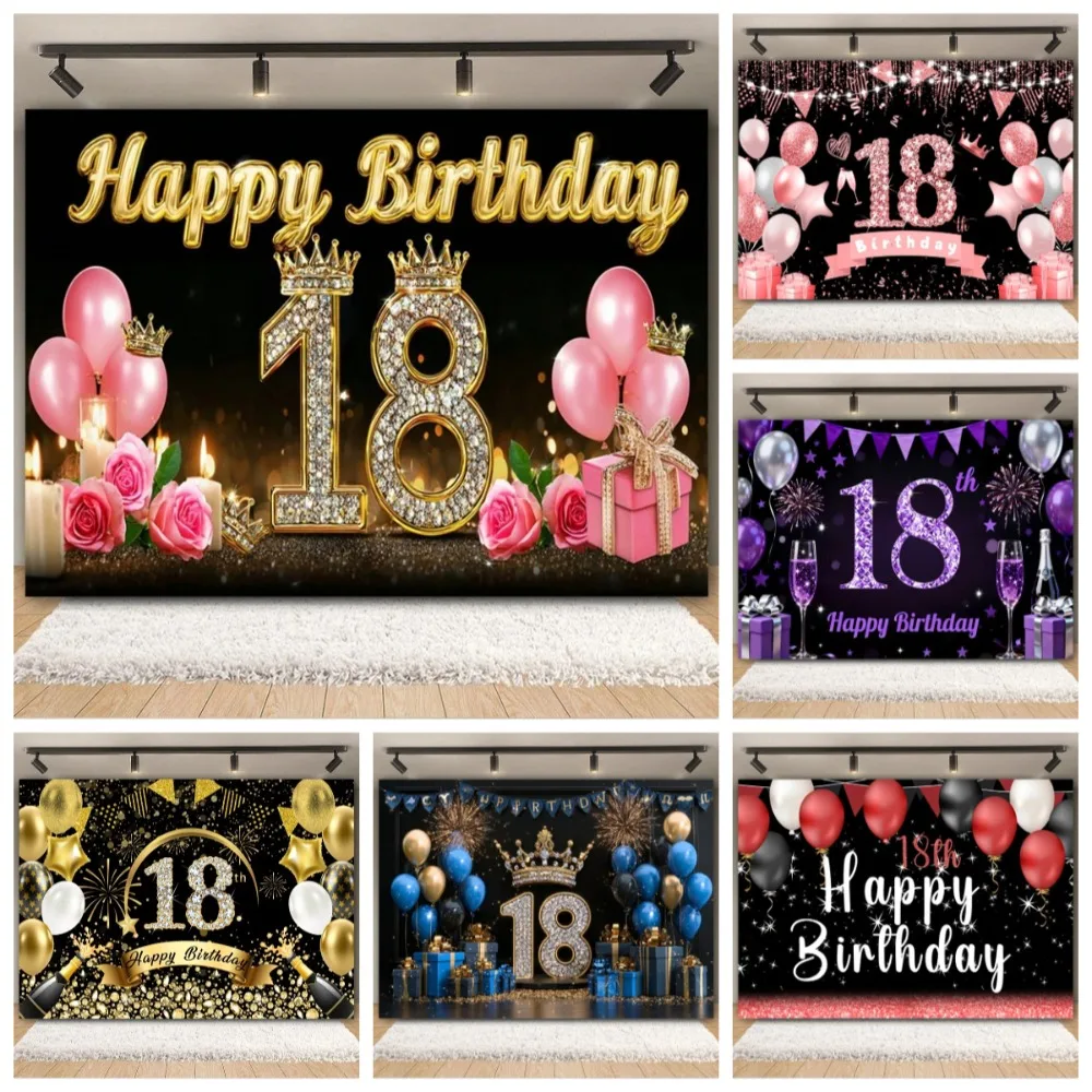 

Black Gold Pink Blue Balloon Theme 18th Birthday Background, Adult Birthday Party, Home Decoration Photography Studio Background