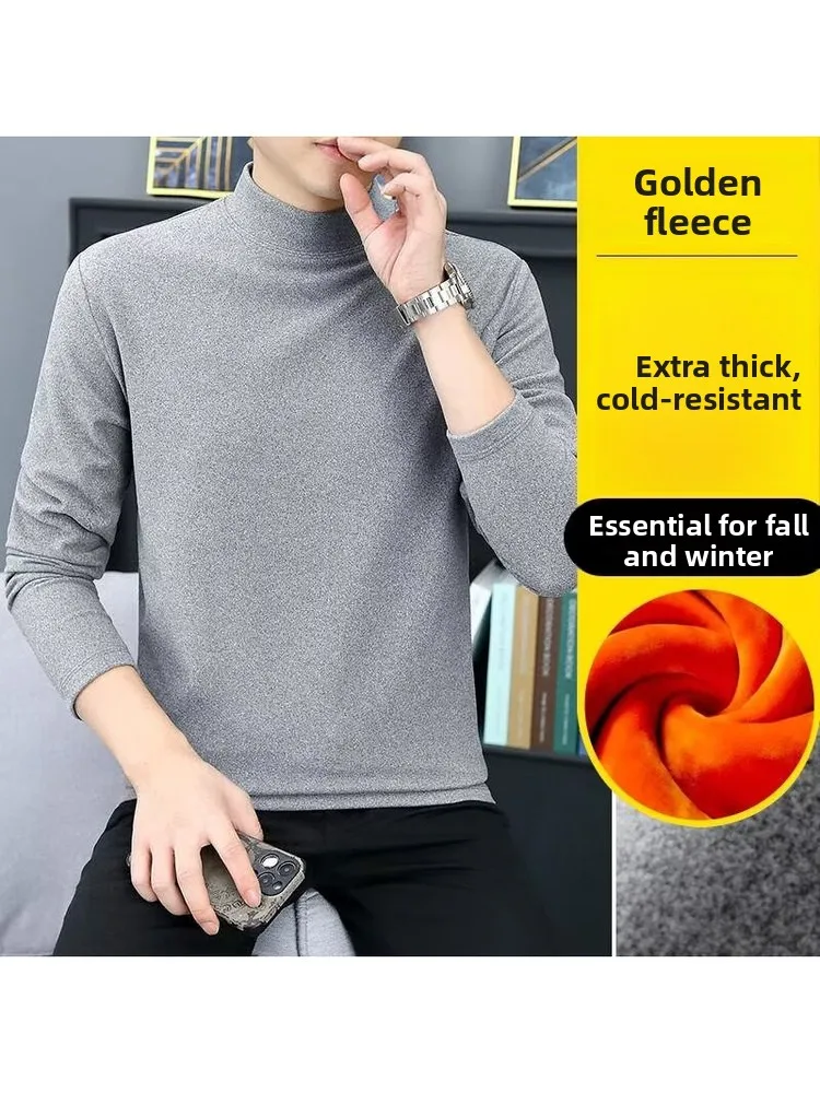 Men's Autumn Winter Thickened Long Sleeve Fleece Lined Velvet T-shirt Casual Pure Color Warm Base Layer Top