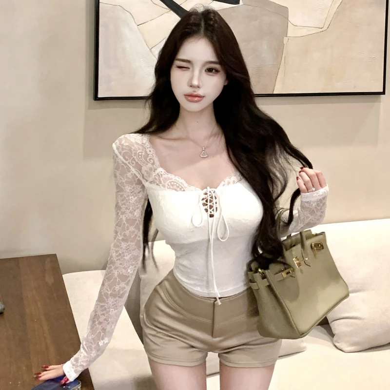 Ele Lace irt Damen Long Sve Slim Fit Gürtel Faionable Herbst Winter New Sle Girl's Ort Länge Hohe Taille