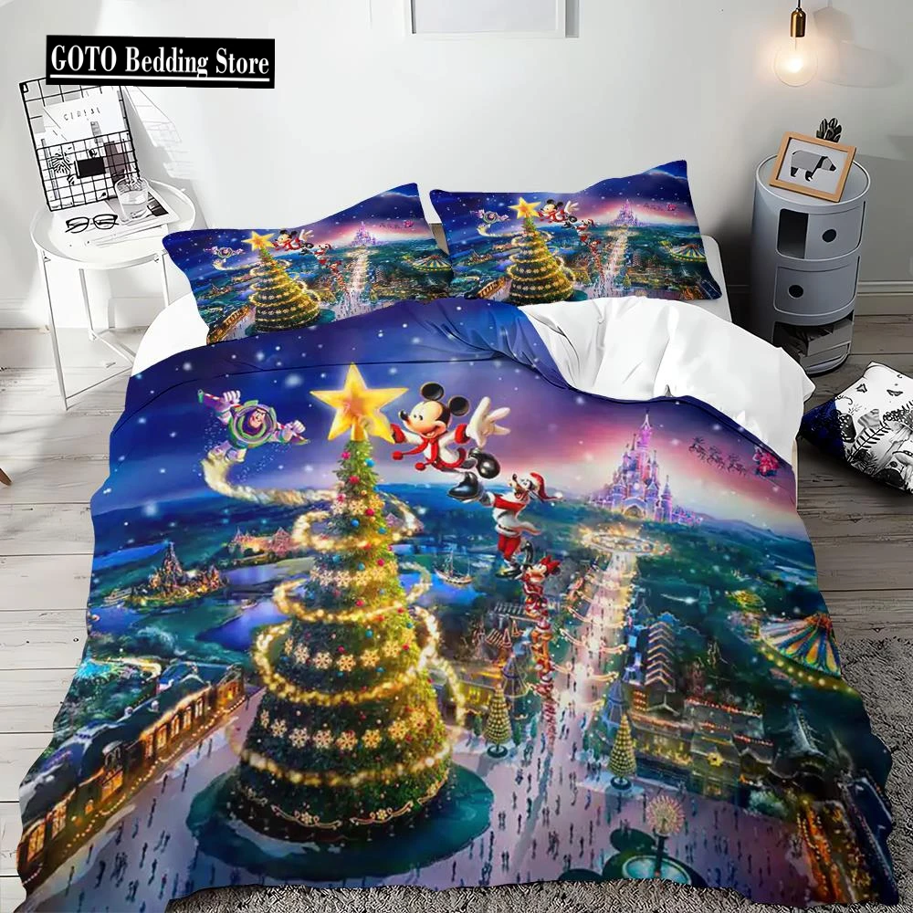 

Christmas Mickey Minnie Duvet Cover Cartoon Bedding Set Santa Claus Christmas Tree Happy New Year for Kids Teens Bedroom Decor