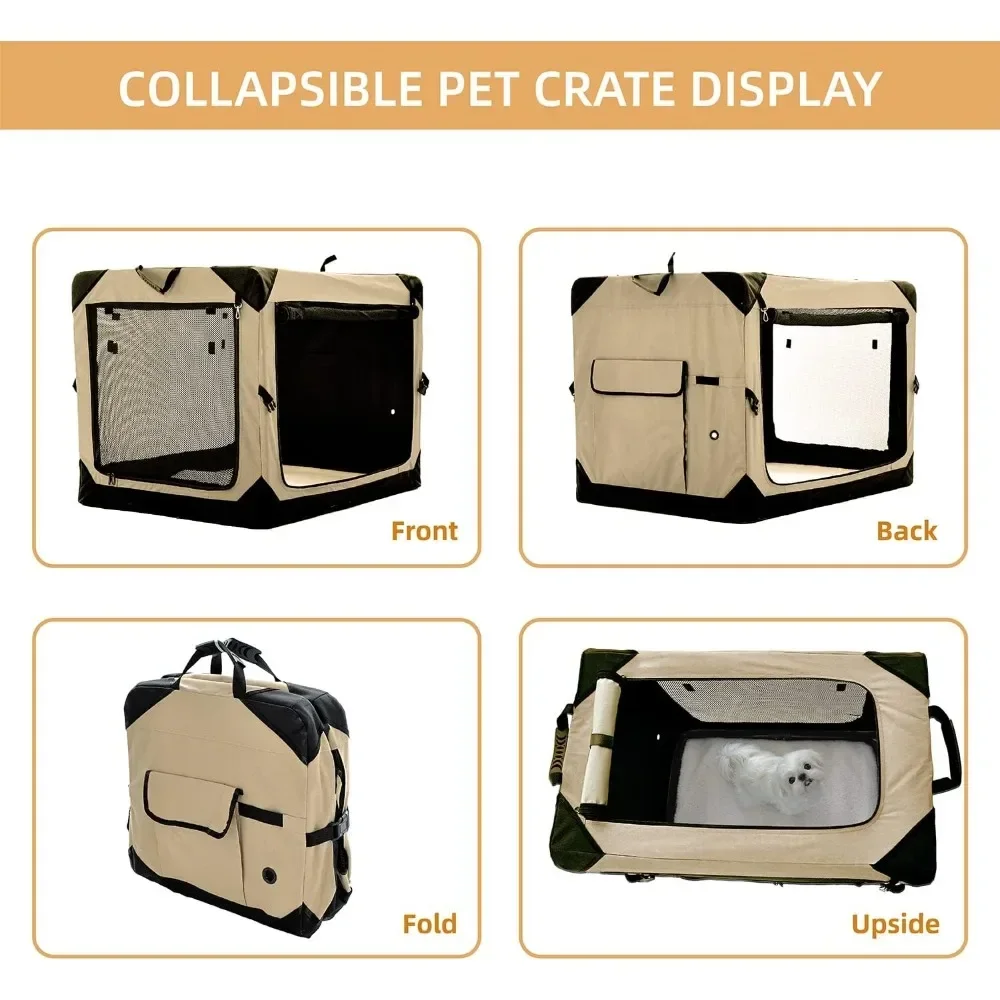-36 Inch Collapsible Dog Crate For Large Dogs, 4-Door Foldable Soft Dog Kennel With Chew Proof Mesh Windows,
