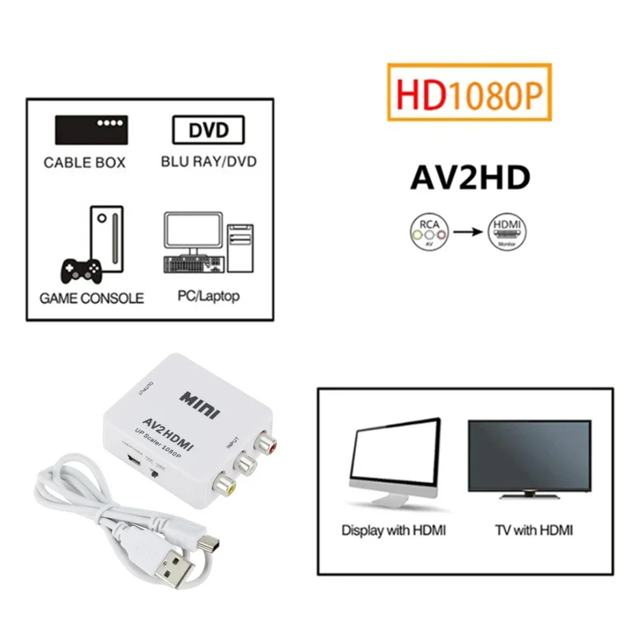 Adaptador de escalador de vídeo compuesto, 1080P, HDMI, compatible con AV, caja de convertidor AV RCA a HDMI, adaptador de escalador de vídeo CVSB