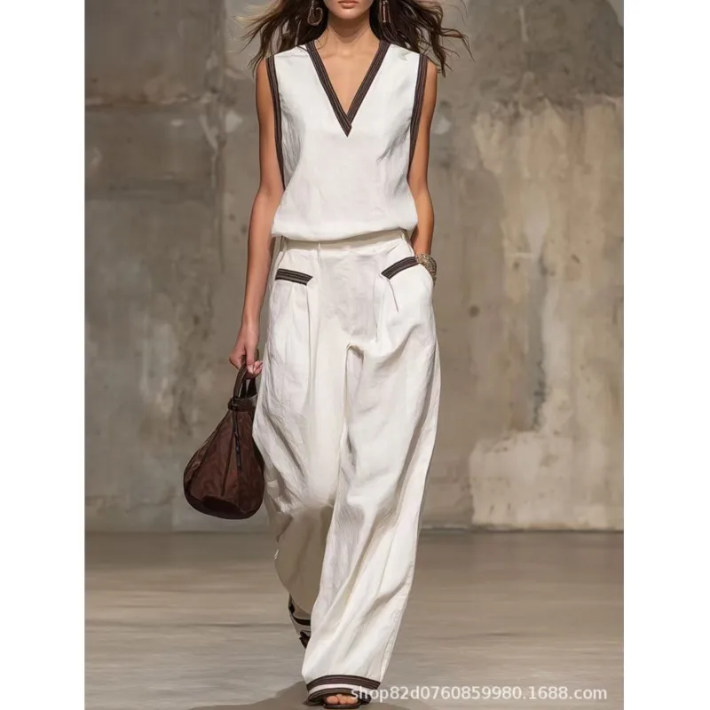 

Elegance Chic Women Pants Set Solid Color Fashion V-Neck Sleeveless Tank Tops Vest + Wide Leg Pants 2 Piece Set Office Lady Suit
