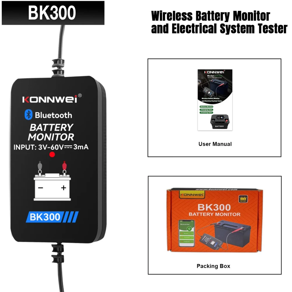 

Беспроводной монитор батареи для KONNWEI BK300 Bluetooth 5,0 12 В 24 В монитор сигнала для автомобиля, грузовика, зарядка, инструмент для тестирования батареи