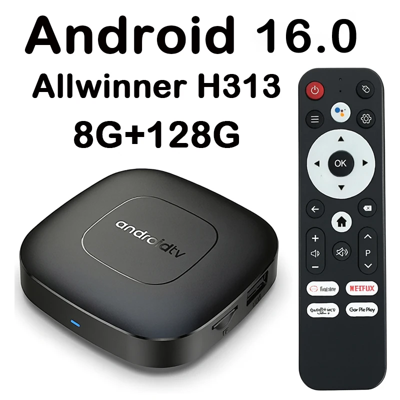 Android TV 16 Smart TV Box Allwinner H313 8K HDR10+ con Asistente de Google, Reproductor Multimedia Netflix, WiFi, HDMI, Decodificador