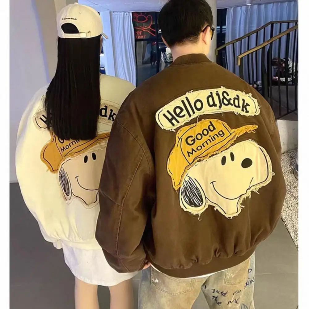 American Women's Baseball Jacket Spring Autumn Snoopy Patchwork Embroidery Zipper Coat Loose Casual Couples Outerwear Fashion