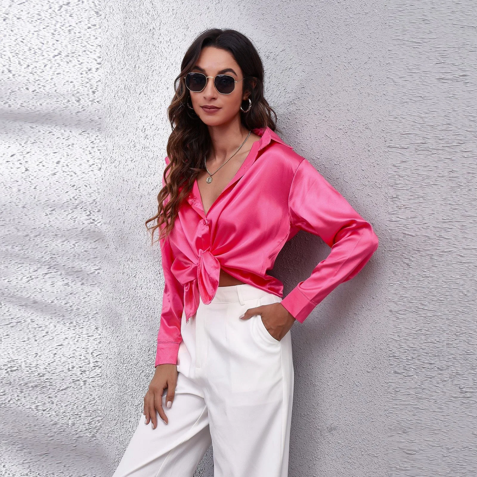 Long Sleeve Open Front Shirt with Button Closure Regular Length Elegant Professional Straight Cut Urban Style Women Blouse 2