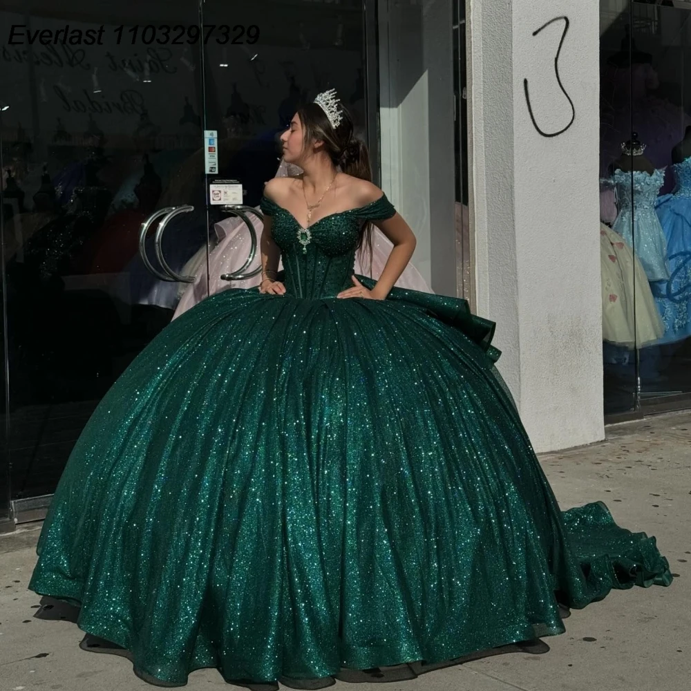 

EVLAST Customized Dark Green Quinceanera Dress Ball Gown Lace Applique Beading Tiered Corset Sweet 16 Vestido De 15 Anos QD1045