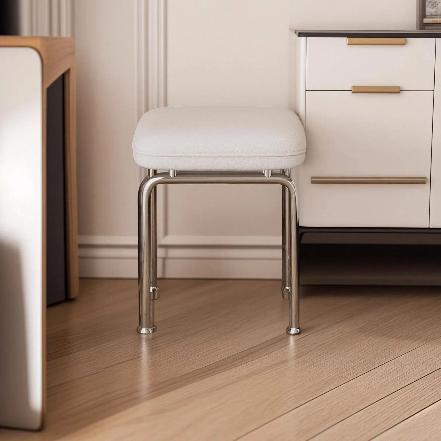 Small Cream Style Dressing Stool Simple Medieval Dressing Manicure Stool Bedroom Makeup Stool Leather Surface Leather