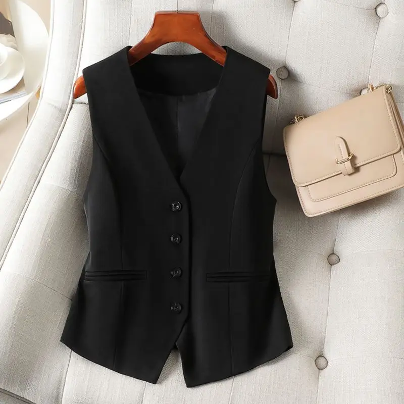 

New Women Vest Coat Spring Autumn Solid Color V-Neck Single-Breasted Short Jacket Female Sleeveless Waistcoat Tops Chaleco Mujer