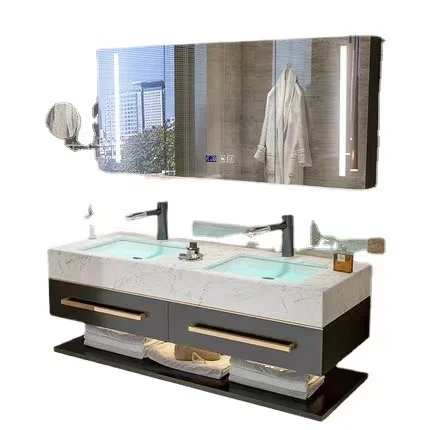 

Luxury modern smart double bathroom wall-mounted cabinet double washbasin with countertop