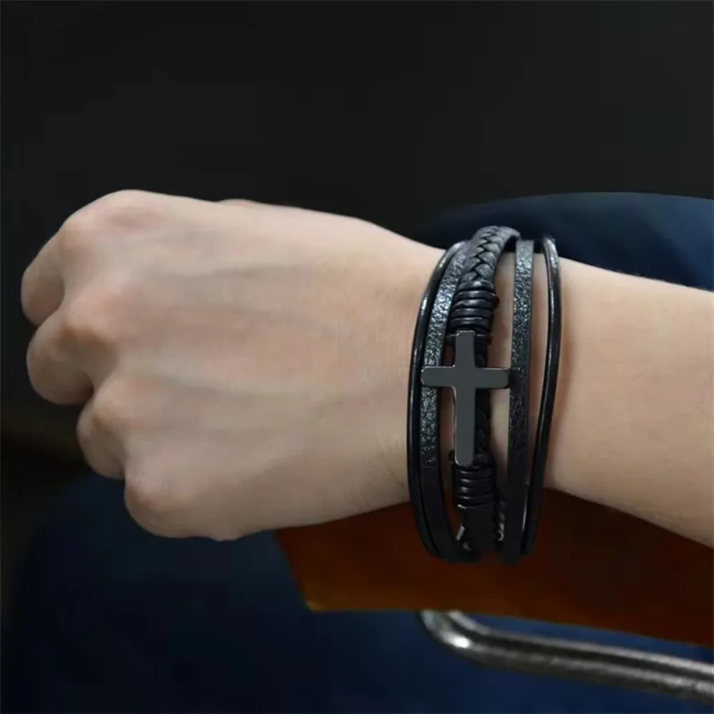 Casual Stainless Steel Leather Bracelet Multilayer Hand Braided Cross Bracelet Men's Bracelet