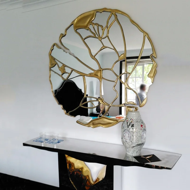الحرفية غرفة المعيشة جدار الفن المدخل النحاس الذهب الخشب الزخرفية مرآة فضية #5