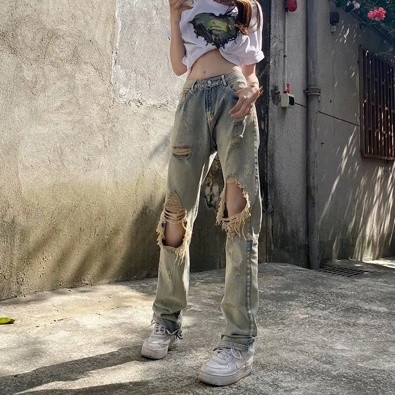 

Fashion Ins High Waist Torn Denim Pants Women Loose Flared Leg Comfortable Streetwear Casual Long Trousers (15 words)