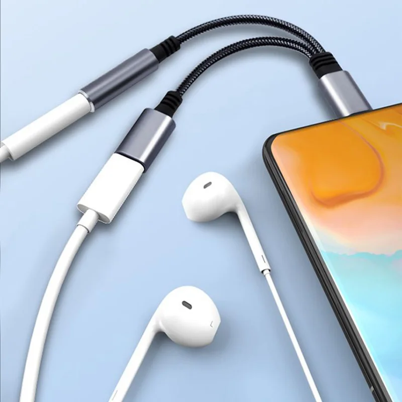10PCS 2-in-1 USB-C Stecker Auf Aux + USB-C Buchse OTG Adapter Kabel Nylon Jacke audio Konverter Datenübertragung 3,5mm + C Adapter Kabine