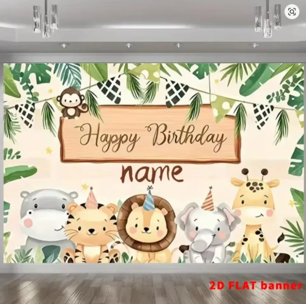 Tło fotograficzne z motywem zwierząt z dżungli, z możliwością personalizacji imieniem dziecka, na roczek, baby shower, spersonalizowane tło do zdjęć. — zdjęcie produktu 3