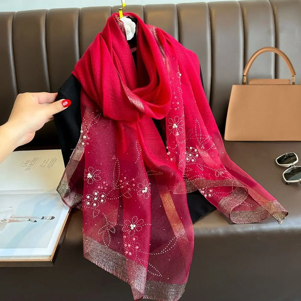 Elegant Organza Silk Scarf with Beads Embroidery Flowers 190*70cm Long Scarves Solid Color Pearl Solid Shawls For Women Hijab