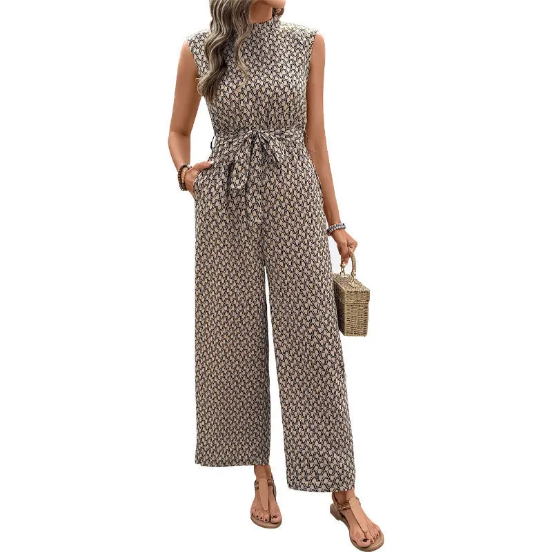 

2025 Summer New Style Casual Laceless Sleeveless Geometric Printed Jumpsuits