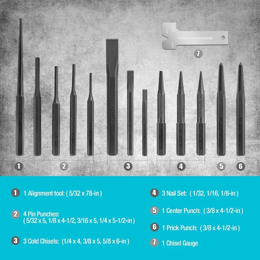 طقم مكون من 14 قطعة مع أداة محاذاة الأزاميل الباردة في الأظافر في كيس دوار لأشغال المعادن الدقيقة والخارجية #2