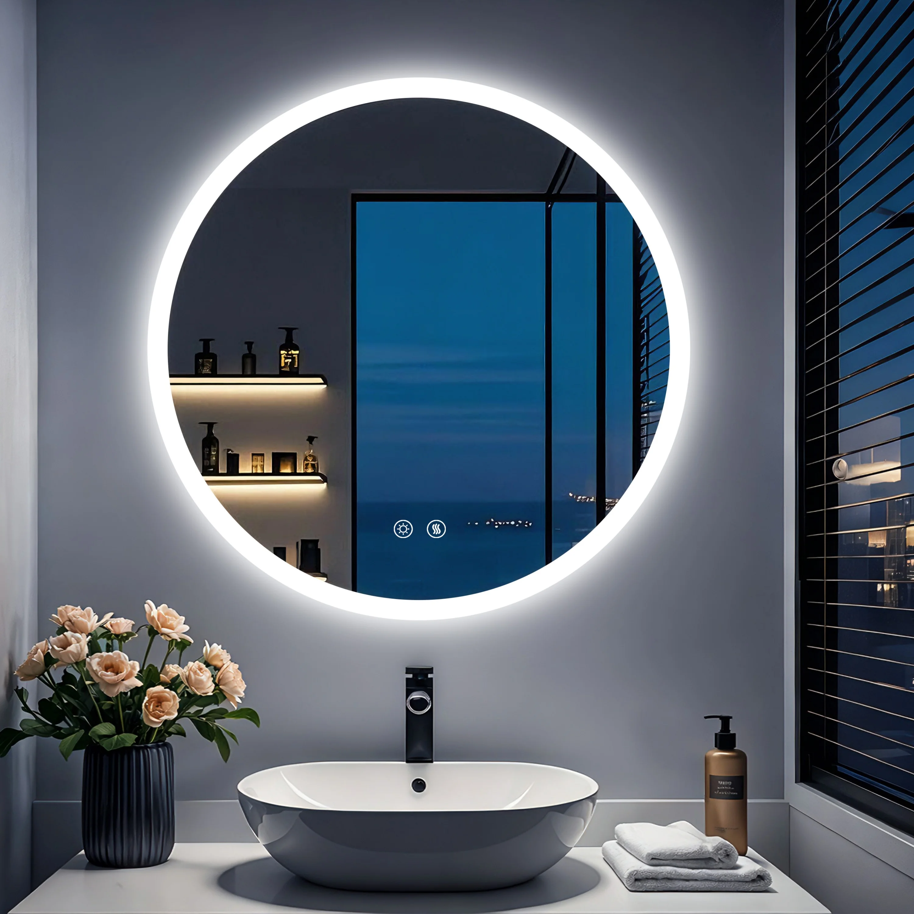 

Round LED Bathroom Mirror 500 600 800mm Wall Vanity Mirror with Aluminum Frame, Anti-Fog, Stepless Dimming, 3000K/4000K/6000K