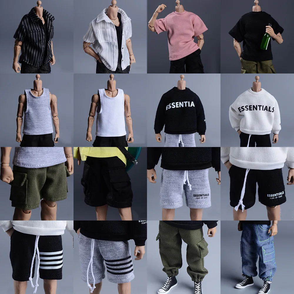 1/12 Scale Trendy Male Solider Loose Vest T Shirt Hoodie Multi-pocket Cargo Shorts Clothes Set Model for 6 inches Action Figure