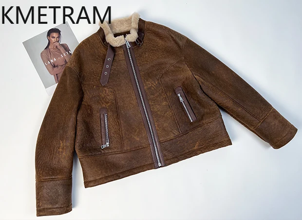 Двусторонняя меховая куртка из натуральной мериносовой овчины, женская ретро коричневая мотоциклетная шуба из натурального меха, зимняя женская одежда 2025 шуба