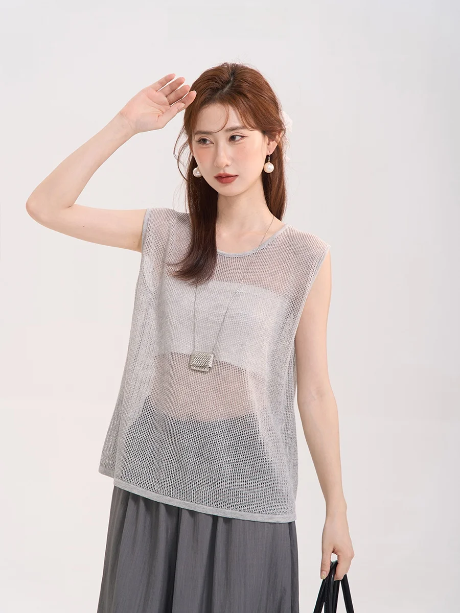 

Heme Knitted Vest Women's Svel Ba Single Button Open Split Design Summer Thin round Ne Loose Fit Korean Sle Top