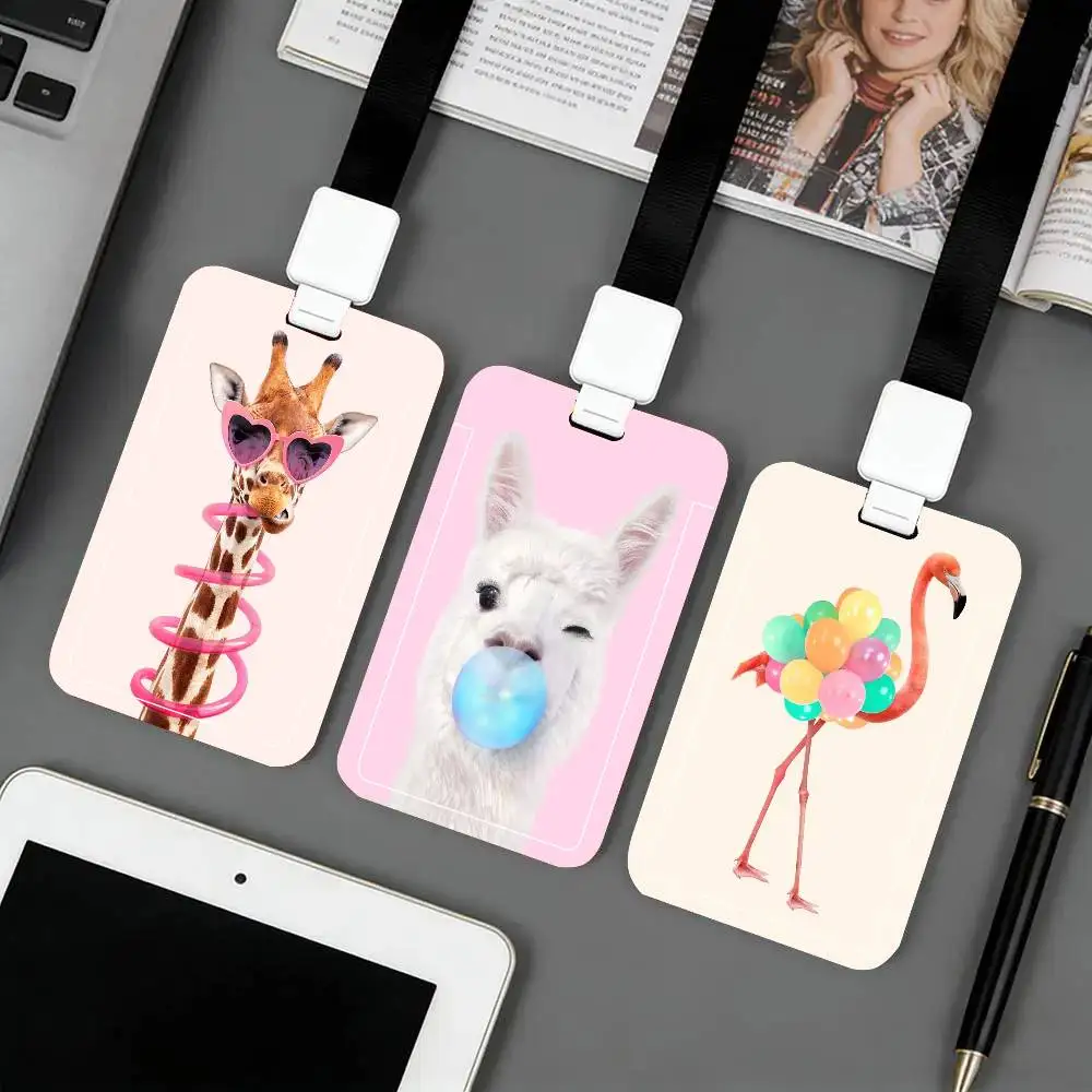 Funny Animal Flower Giraffe Leopard Zebra Pink Black Lanyard Card Holders Student Meal Cards And Campus Ids School