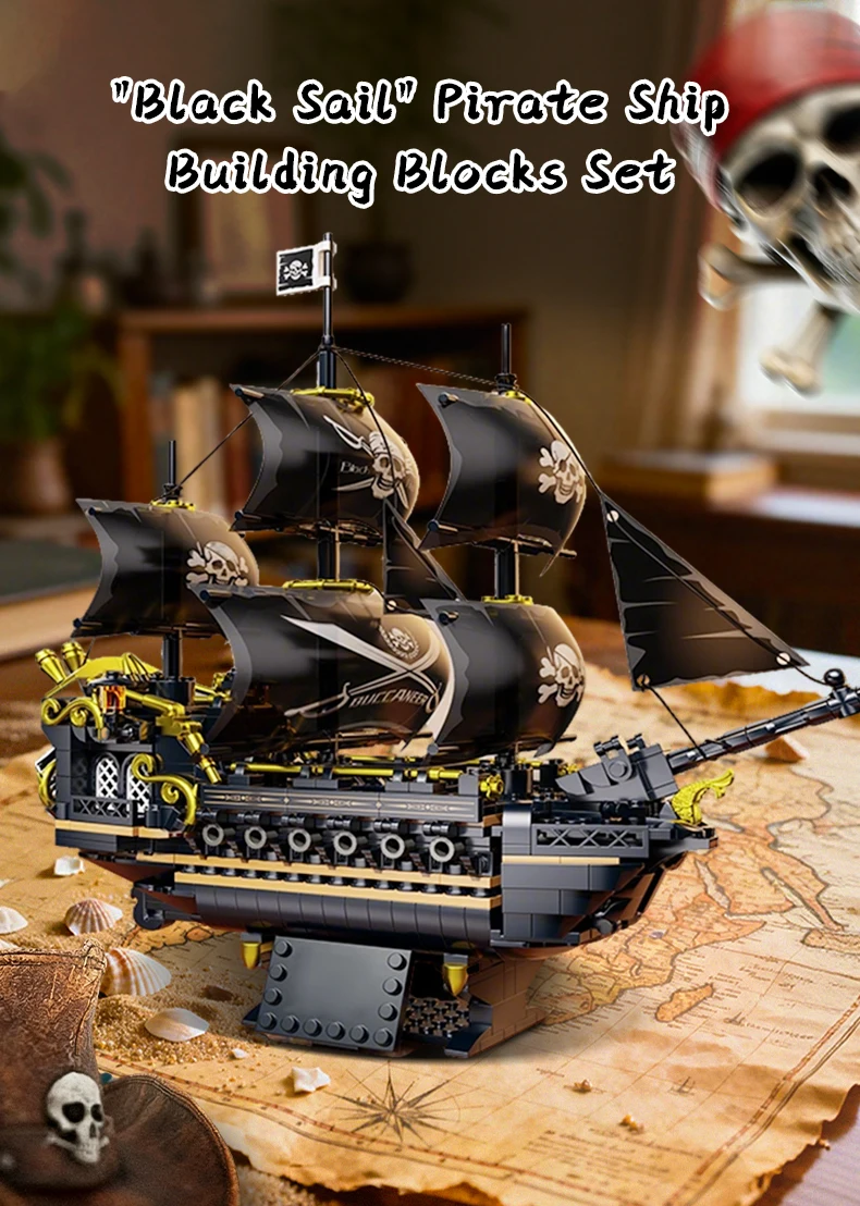 Geheimnisvolles Piratenschiff-Bausteinmodell in Schwarz-Gold-Farbschema, 3D-Puzzle-Herausforderung, Sammlerstück Marineschiff, Fördert Kreativität und Fähigkeiten – Detail 1