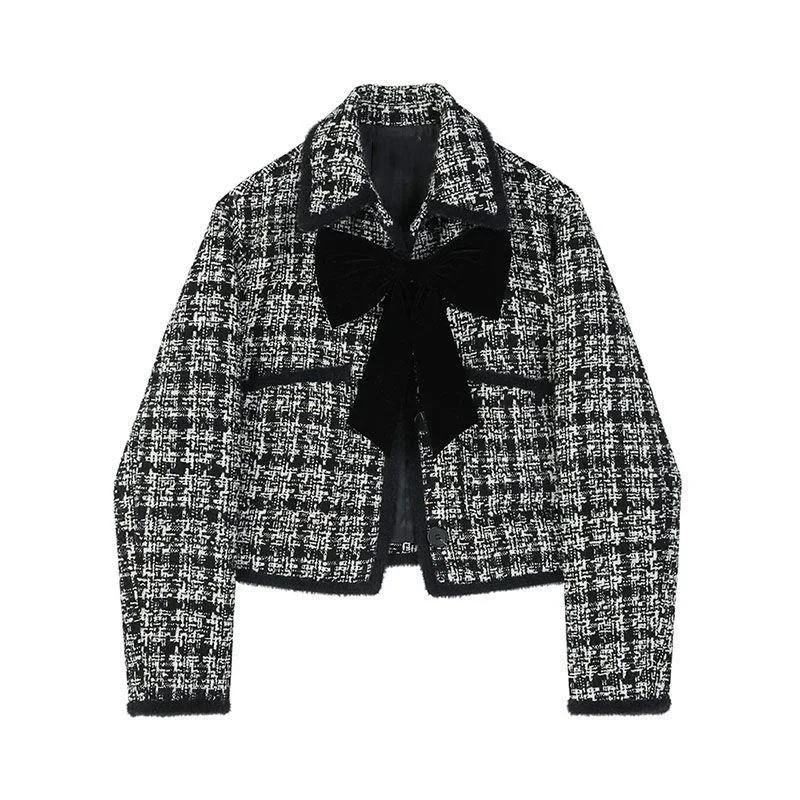 Vintage Tweed Jacket Women Elegant Cropped Bow Quilted Coat Winter Korean Commute Outerwear Office Ladies Chic Blazer New