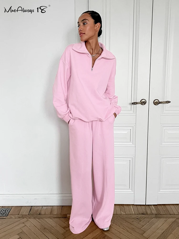 

Mnealways18 Terry Pink Sweater Pants Sets Autumn Winter 2024 Women Zipper Pullover Tops And Wide Legs Pants Two Pieces Outfits