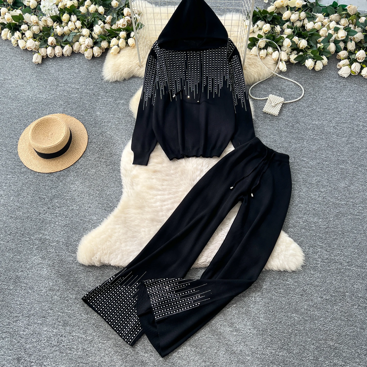 

Сексуальные комплекты из двух предметов, однотонный свободный топ с длинными рукавами и стразами, модные комплекты с широкими брюками с высокой талией, осенне-зимние комплекты