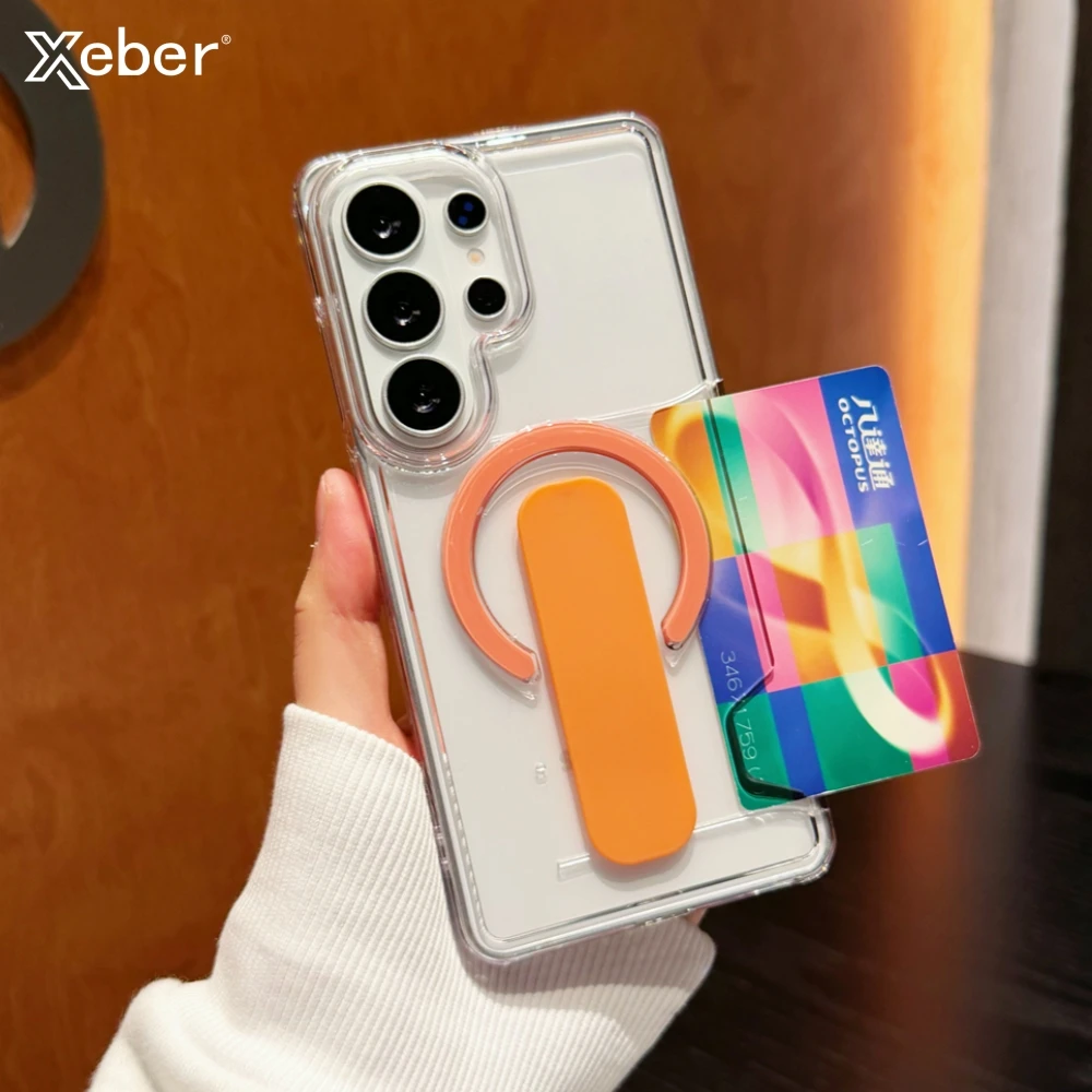 Luxuriöser Kartenhalter mit transparenter Halterung für magnetische, durchsichtige Hülle für Samsung Galaxy S26 Ultra S25 S24 Ultra Plus, stoßfeste Hartschale