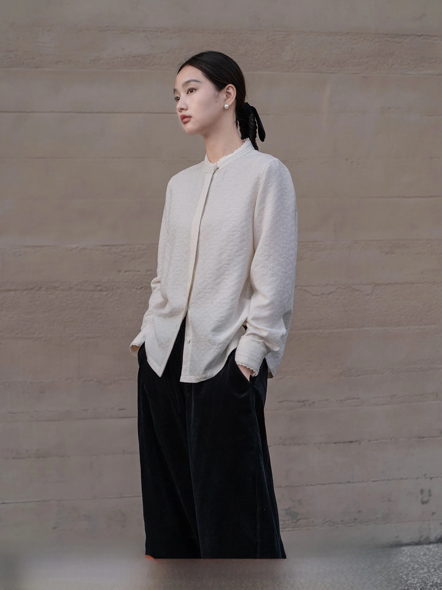 

Original Spring Wool Lyocell Cotton Bot Embroidery Lace Commute Slim Fit Stand Collar irt Yan Zhuo Lian eng Hua Er