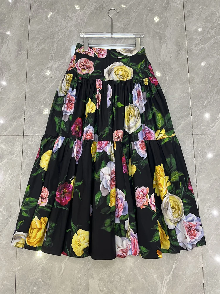 JUNLINNA Fashion Rose Flower Printing Skirt Women 100% Cotton Spring Summer Beach Holiday Empire Expansion Half Dress