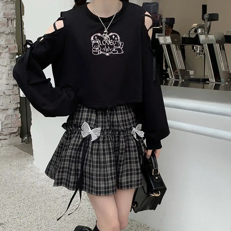 【 Two piece set 】 Off the shoulder long sleeved t-shirt women's sweater short top+plaid short skirt jk half skirt student set