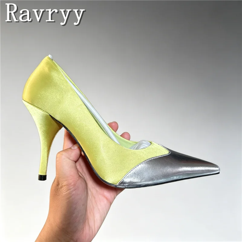 

Fashion Design Satin Color Blocked High Heels Pumps Women Pointed Toe Shallow Mouth Single Shoes Elegant Party Office Shoes
