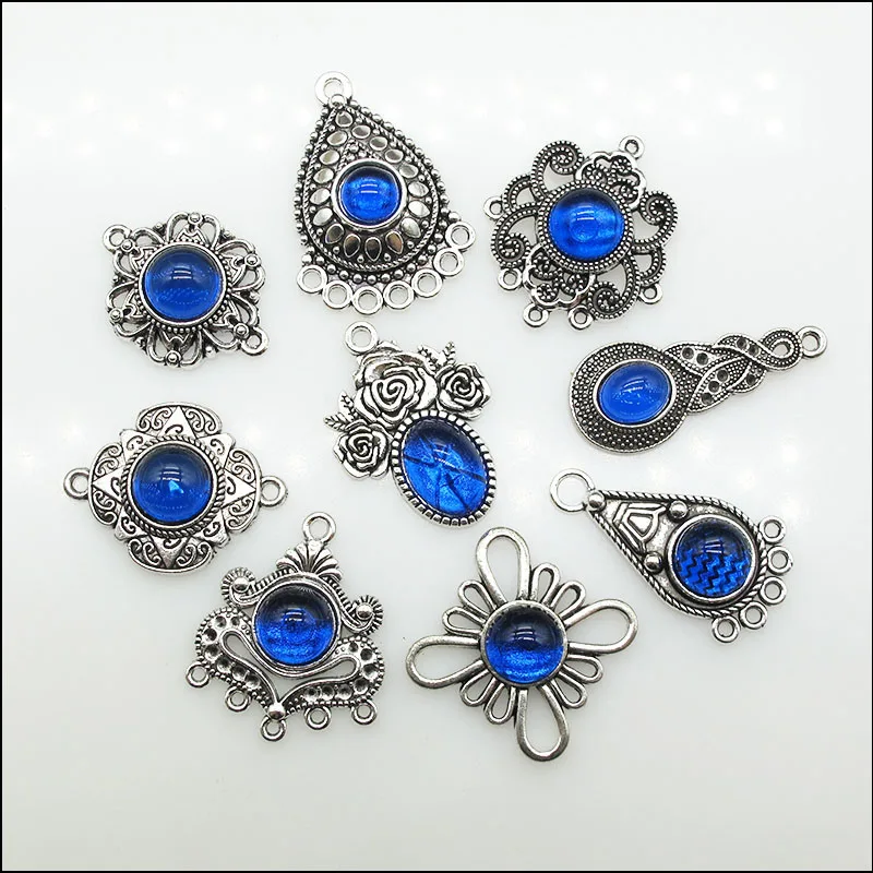 Retro-Charms mit blauer Glasur und tibetischer versilberter Herz-Tropfen-Blumen-Kreuz-Rosen-Charms