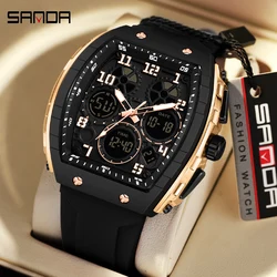 SANDA Barrel Dial Men Watch Double Display Sports Luminous Waterproof Wristwatch Chronograph Man Luxury Brand Clock Gift