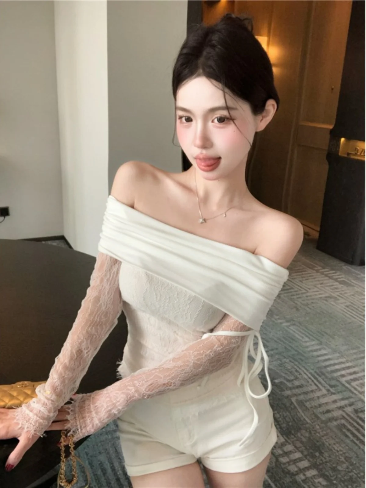 Zuivere Wol Kant Splice Baskische Taille Een schouder Lange Sve T-shirt Vrouwen Sexy Pittige Meisje Basis irt ort Lengte Ultra ort