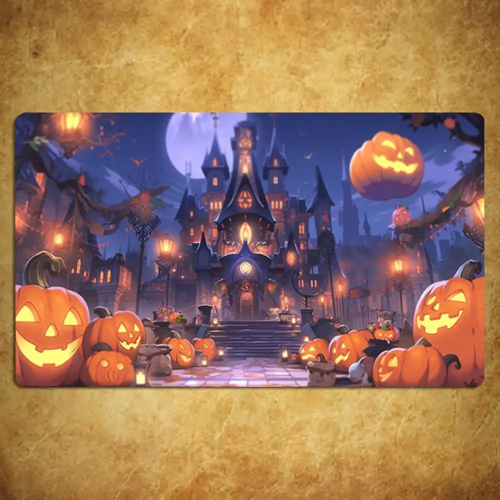 Pumpkin Castle Halloween Night Large Gaming Mouse Pad TCG Playmat Non-Slip Stitched Edge Rubber Base Vivid Print Office Setup