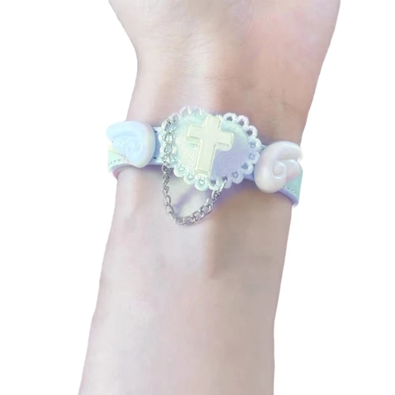 Fashion Leathers Cuff Bangle Heart Wing Charm Bracelet Y2k Wristband