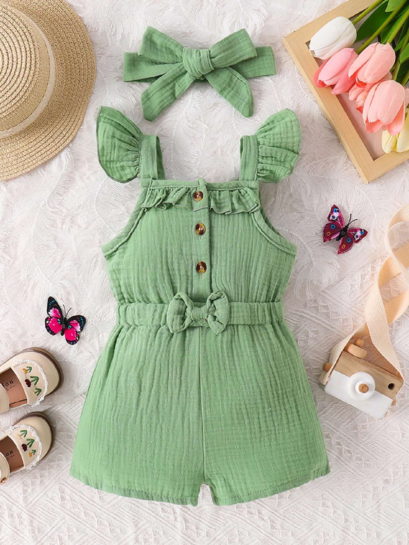 Summer lace sleeve solid color jumpsuit shorts for primary and secondary school children