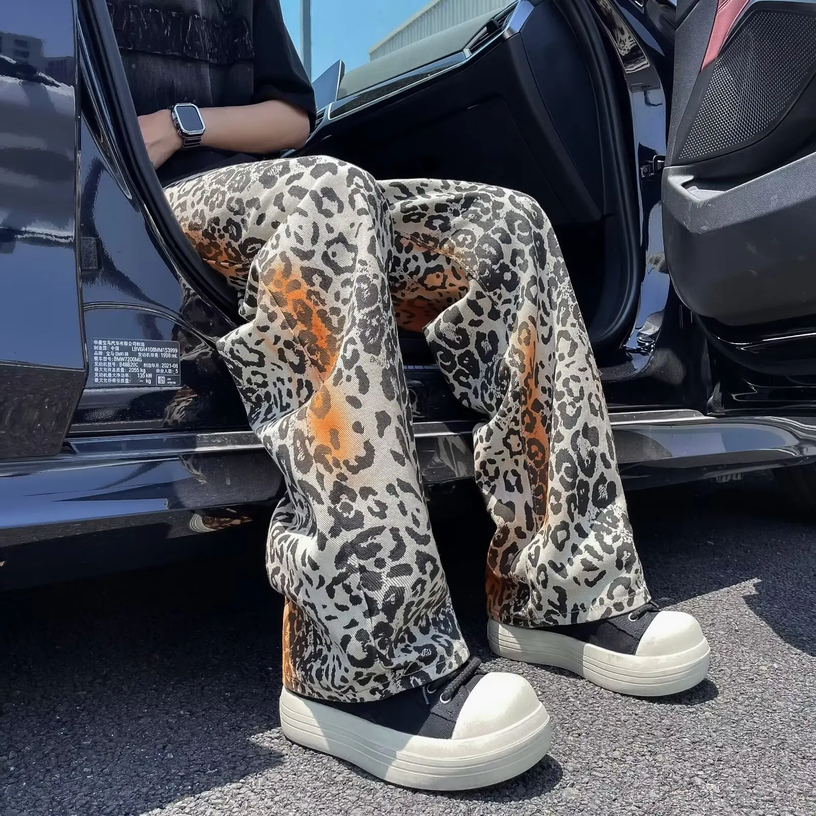 Retro Leopard Print High Street Straight Leg Jeans For Men and Women Loose Fitting European and American Trend Casual Pants y2k