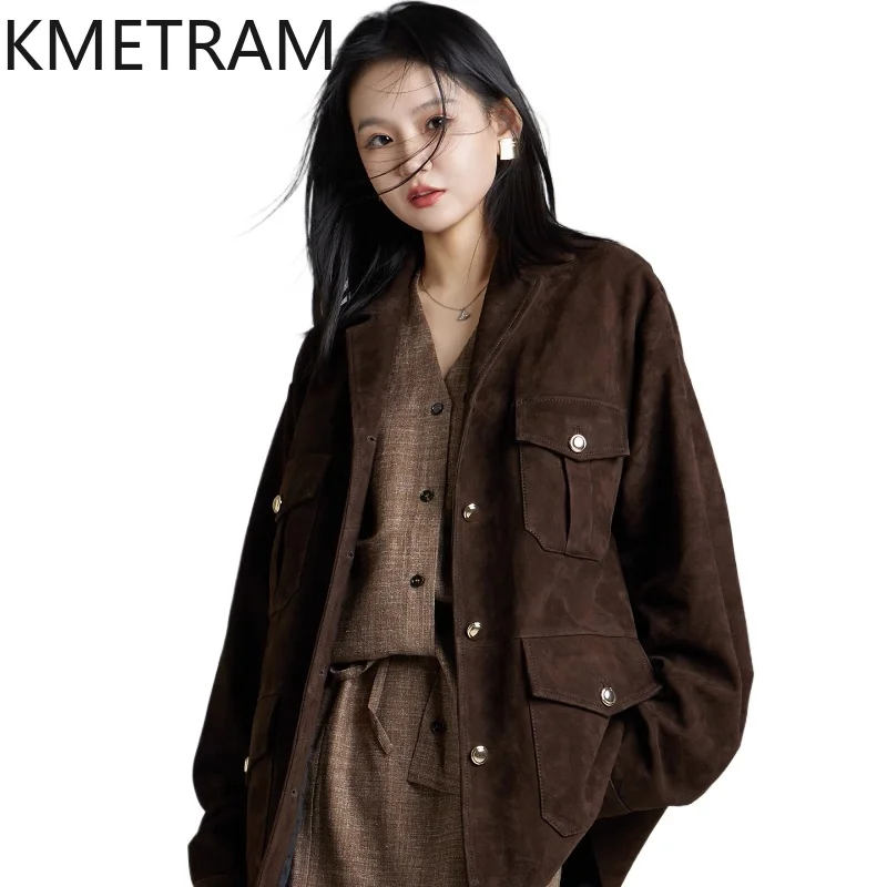 KMETRAM 100% Natural Sheepskin Suede Leather Jacket Elegant Fashion Woman Clothing 2025 Mid-Length Autumn Genuine Coats пальто