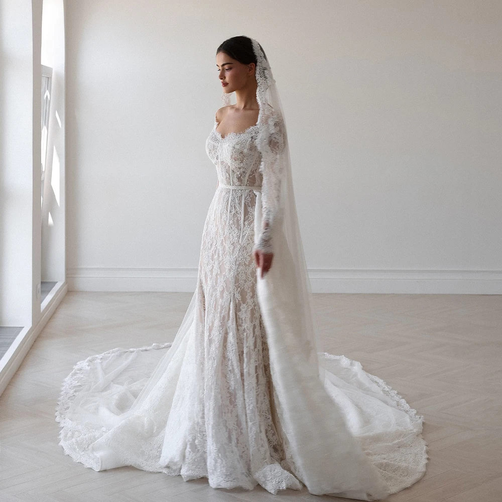 Vestido de novia elegante personalizado, vestido de novia de sirena de encaje con cola de catedral y velo, detalles de encaje, vestido de novia para novias