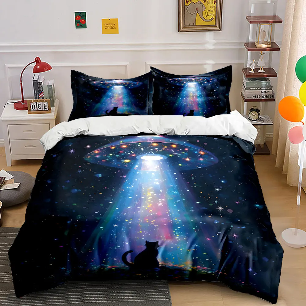 Mysterious Cat and Dreamy UFO Beam Duvet Cover Set with 3D Printing Design Soft Polyester Bedding Set All-Season Comfort