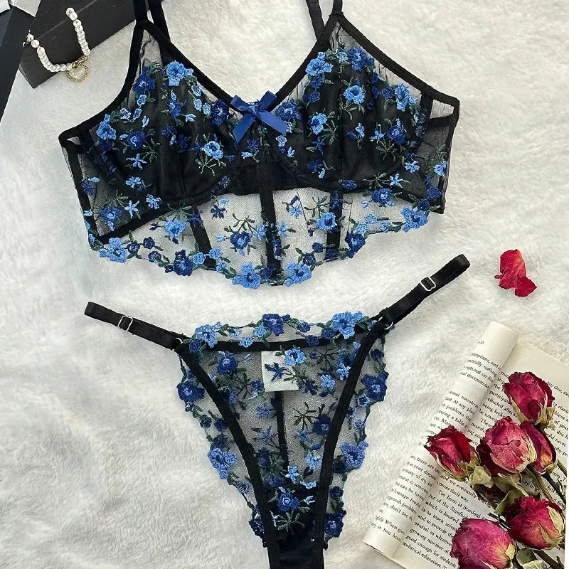 Women Sexy Lace Exotic Sets Flower Micro Bikini Flower Thin See Through Bra Set Underwear Briefs Lingerie Set high quality