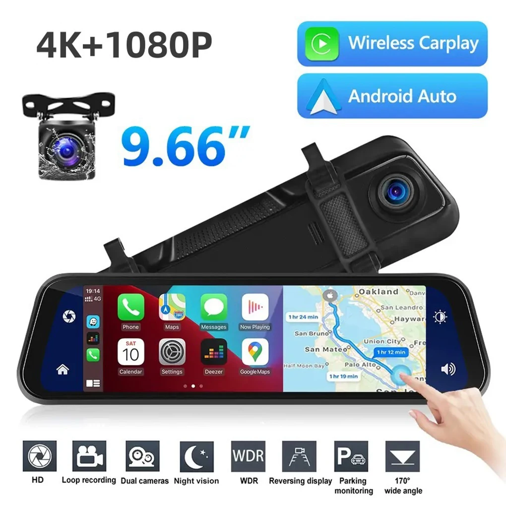 

Mirror Dash Cam Compatible With Carplay Android Auto 9.66 Inch Rear View Mirror 1080P Front And Rear View Dual Cameras